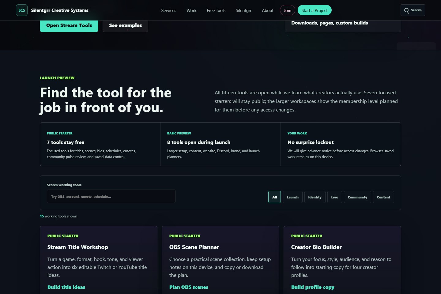 Live Creator Tool Lab showing access boundaries, search, filters, and working browser tools