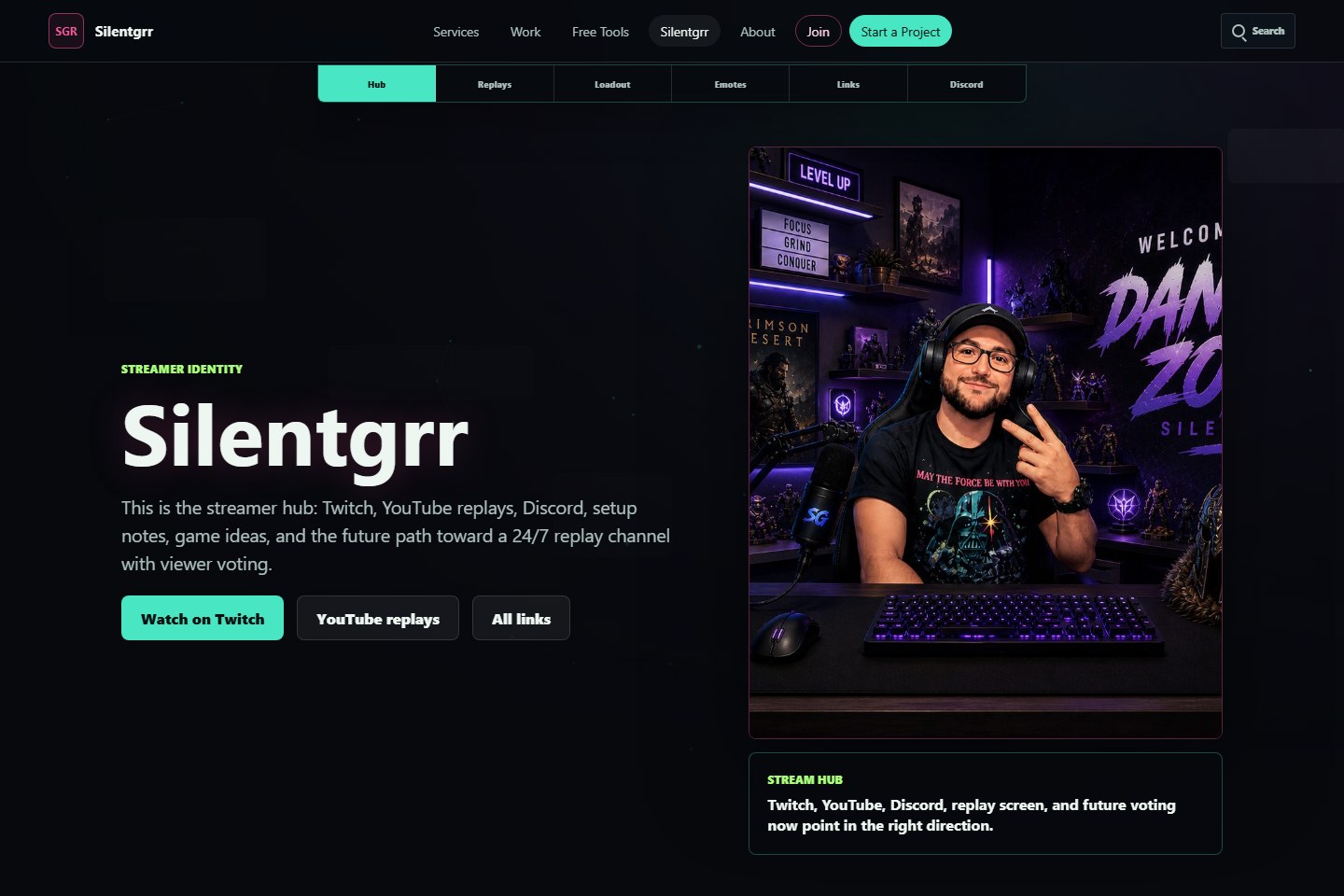 Live Silentgrr streamer hub showing the creator navigation, viewer actions, identity, and connected platform direction