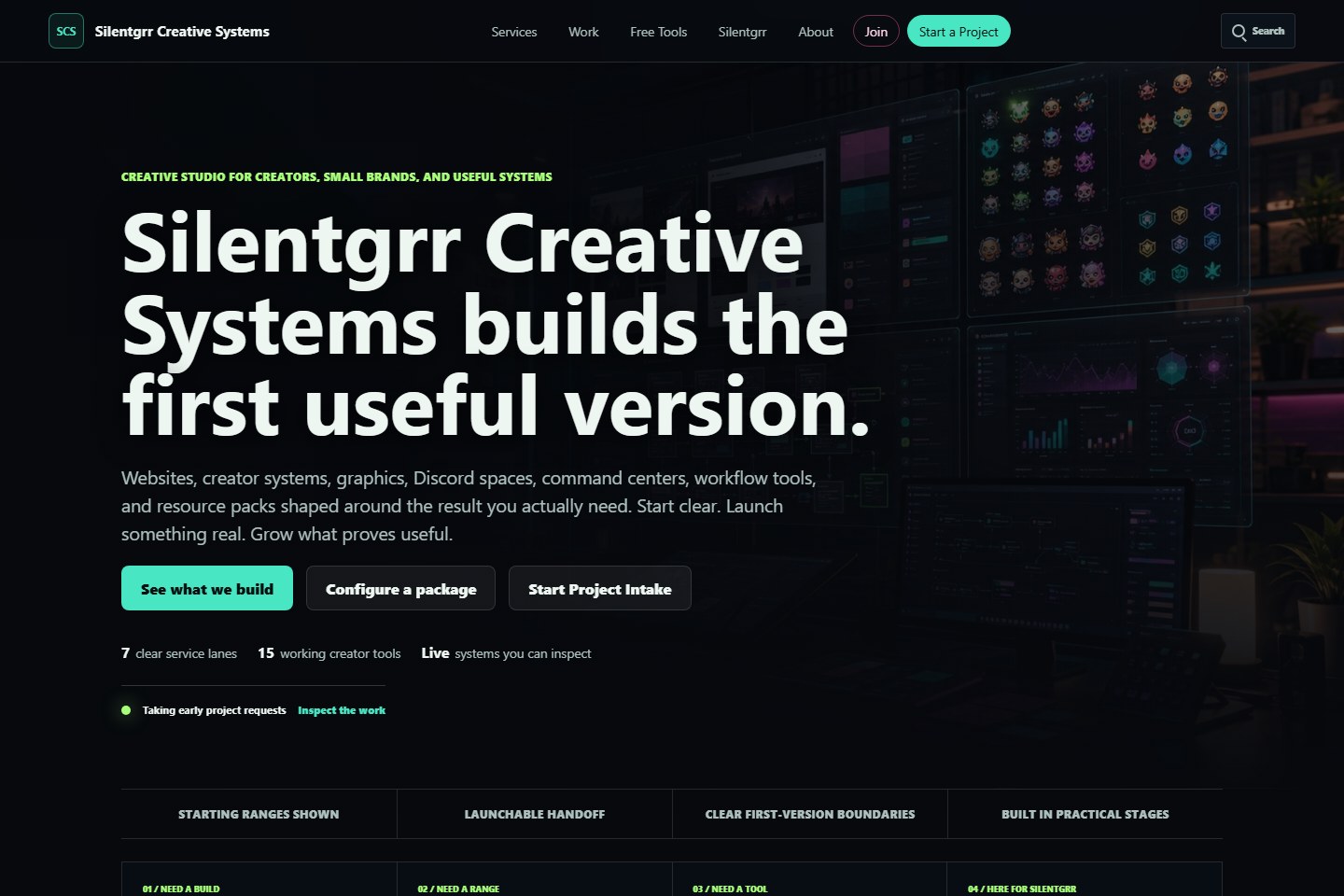 Live Silentgrr Creative Systems homepage showing the studio offer, navigation, service proof, and project actions